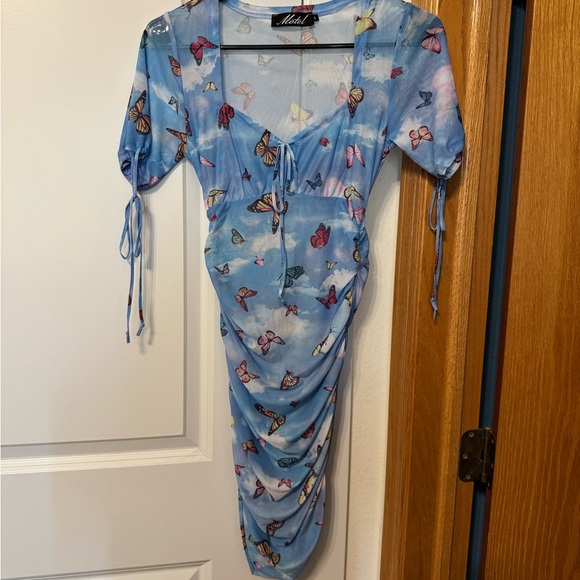 Motel Rocks Blue and White Mesh Butterfly Wrap Midi Dress - Picture 2 of 5